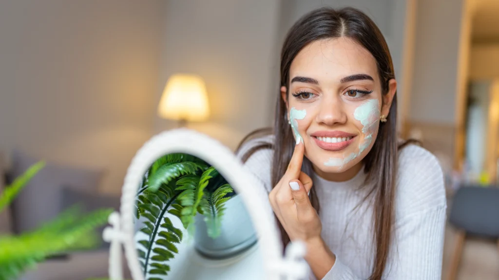 A girl putting cream on face for skin perfection